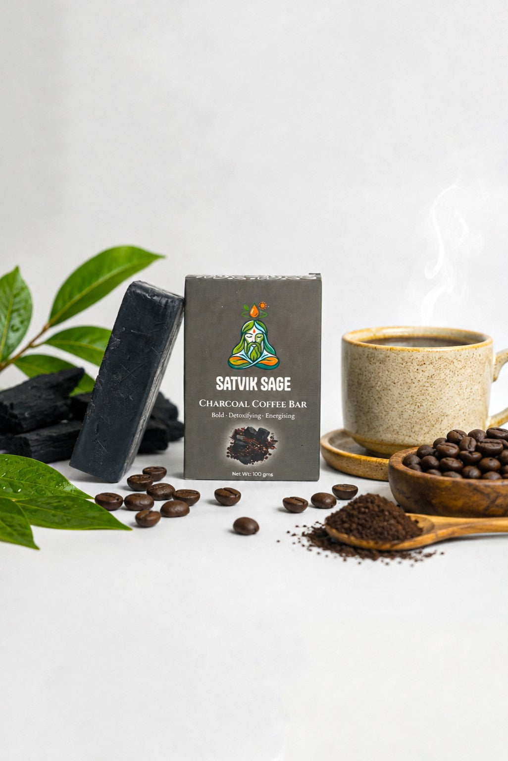 Satvik Sage Charcoal Coffee Bar with coffee and charcoal