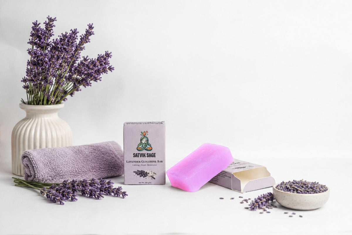 Satvik Sage Lavender Glycerine Bar with packaging and lavender